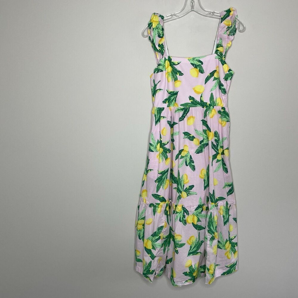 J.CREW Square Neck Midi Dress Women 6 Pink Lemon Print NEW Cotton Pockets BK520